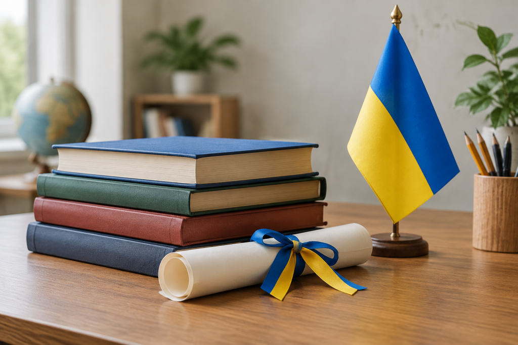 предметна сцена з учительським столом, книжками, сертифікатом і маленьким українським прапорцем