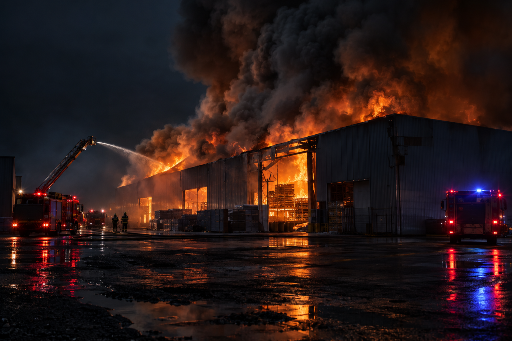 символічна сцена гіпермаркету в диму й пожежній техніці, без облич та логотипів