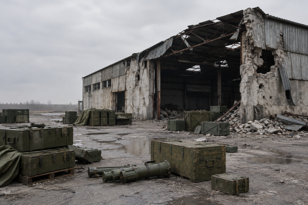 символічне зображення пошкодженого складу з розкиданими ящиками військового спорядження, без людей