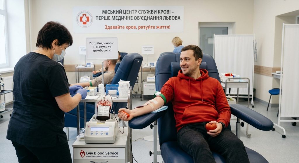 кут донорської процедури: сумка для крові, джгут, стерильний набір, документи та чашка чаю на столі