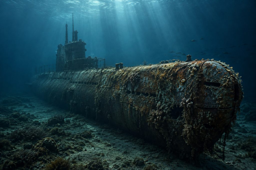 Руїни німецького підводного човна на морському дні, без людей