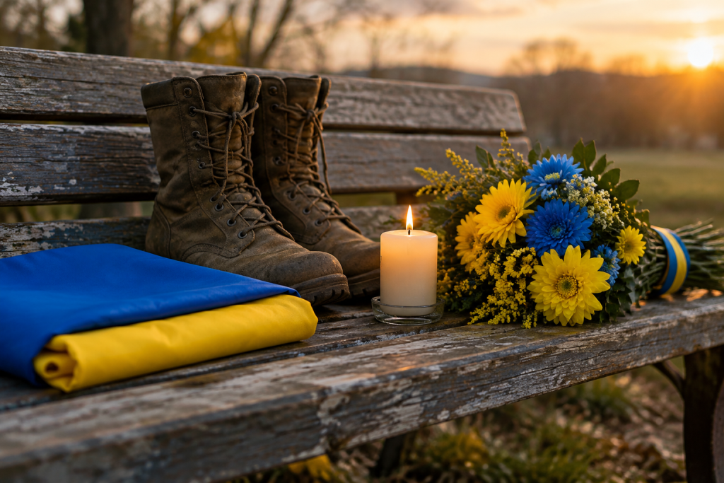 складений український прапор, військові черевики, запалена свічка і букет у жовто-блакитних тонах на дерев'яній лавці