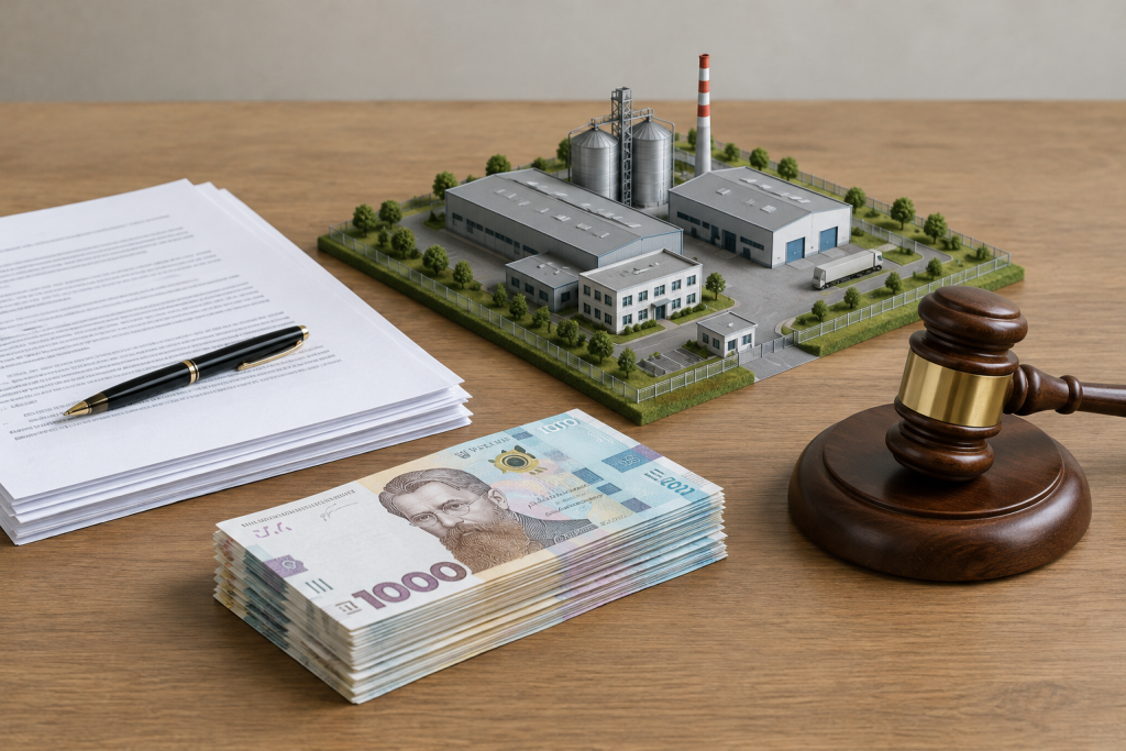 Документи, модель виробничих приміщень та гроші як символ стягнення боргу