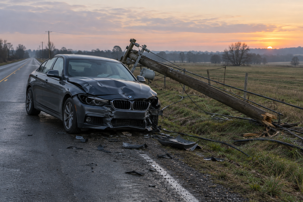 пошкоджений BMW біля поваленої електроопори на сільській дорозі, без людей