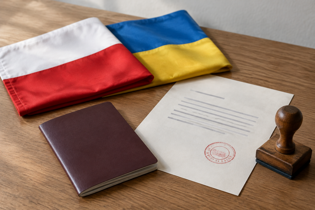 паспорт на столі поруч зі складеними прапорами Польщі й України та офіційним листом