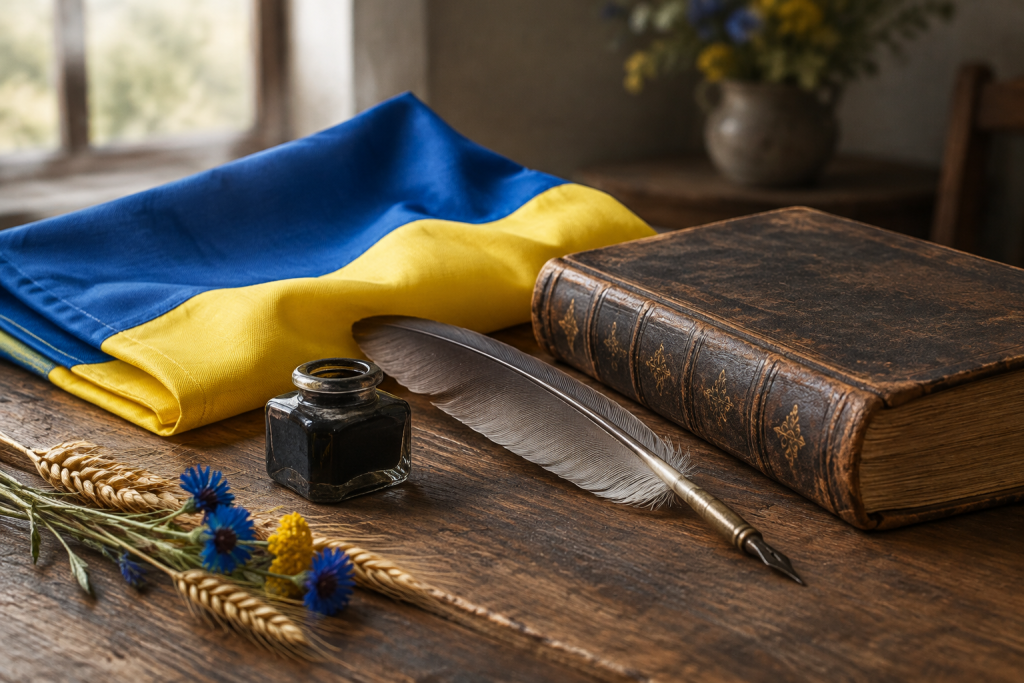 Складена українська прапор, перо і старовинна книга на дерев'яному столі, м'яке природне світло, без людей і тексту