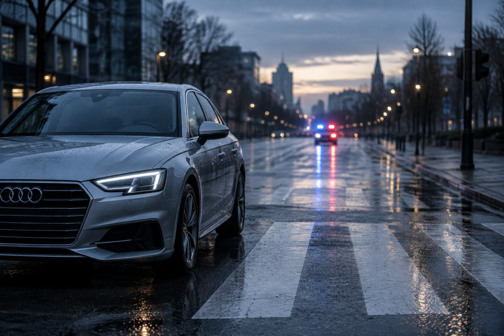 символічна сцена: автомобіль Audi біля пішохідного переходу на вулиці на світанку, без людей