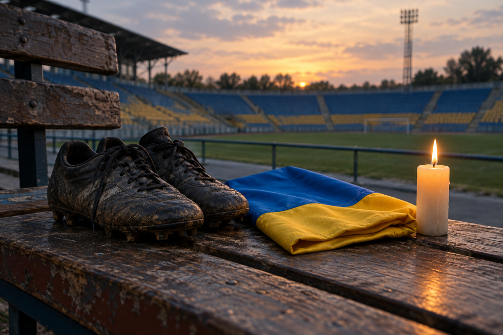 Парні футбольні бутси, складений прапор України і запалена свічка на дерев'яній лаві стадіону