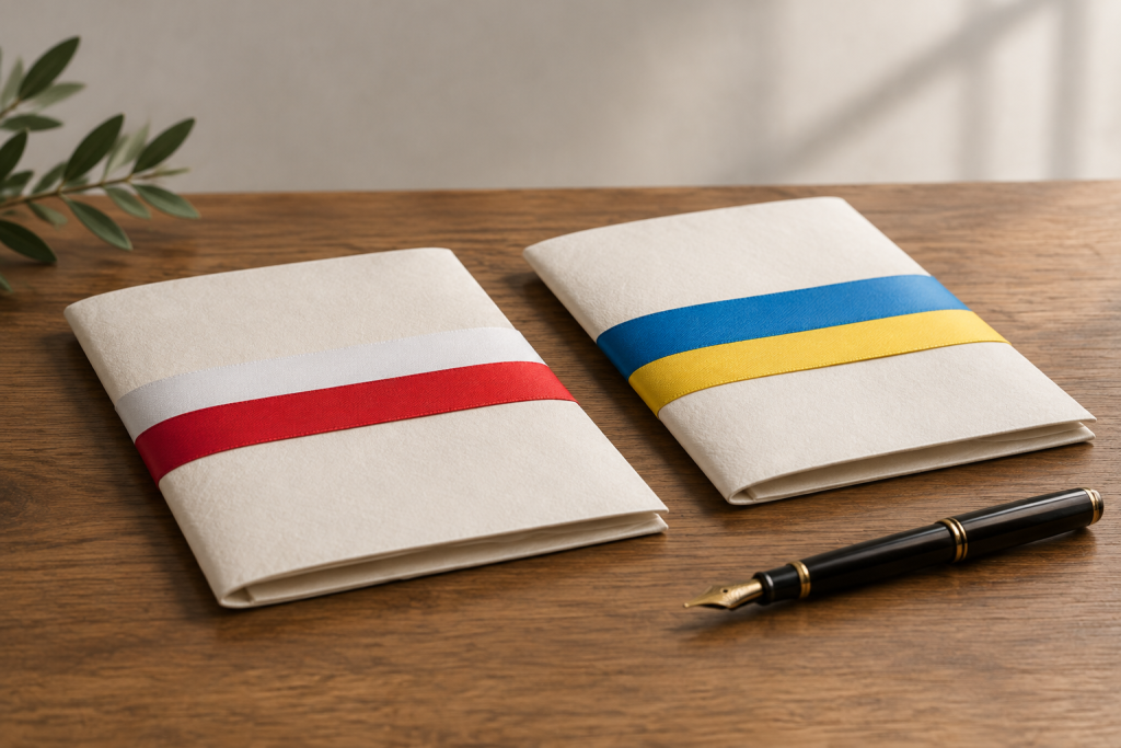 символічна сцена з документами в кольорах польського та українського прапорів на столі