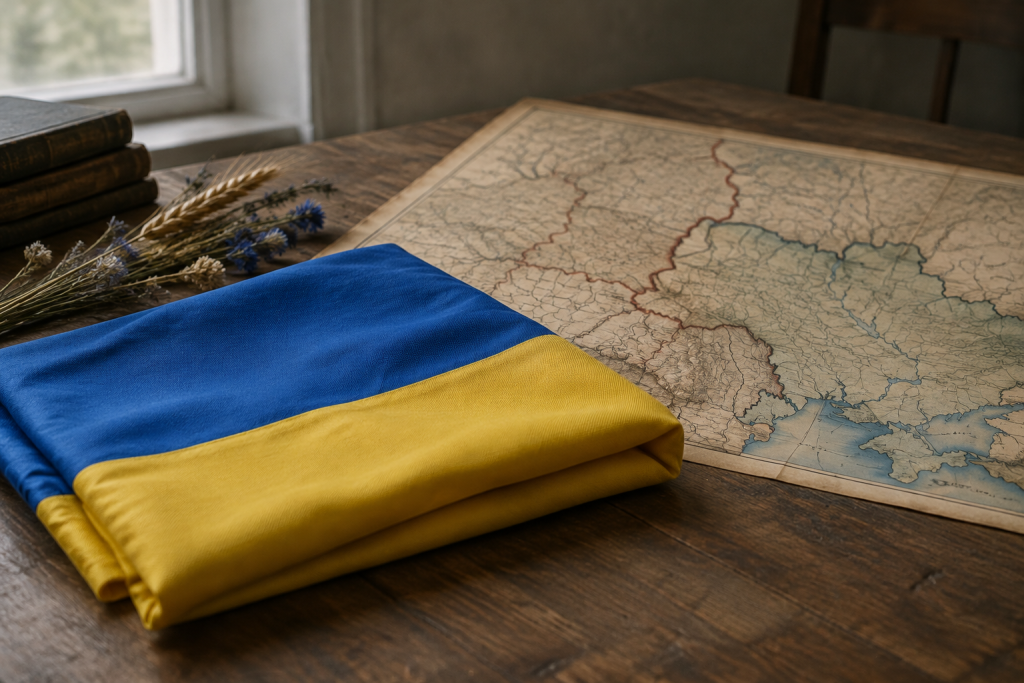 Покладений на столі складений український прапор на тлі старої карти, символічна композиція