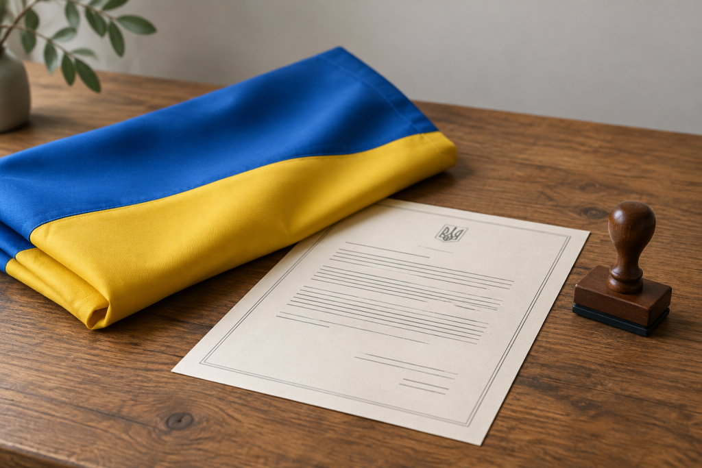 символічна композиція з українським прапором і вилученим офіційним документом