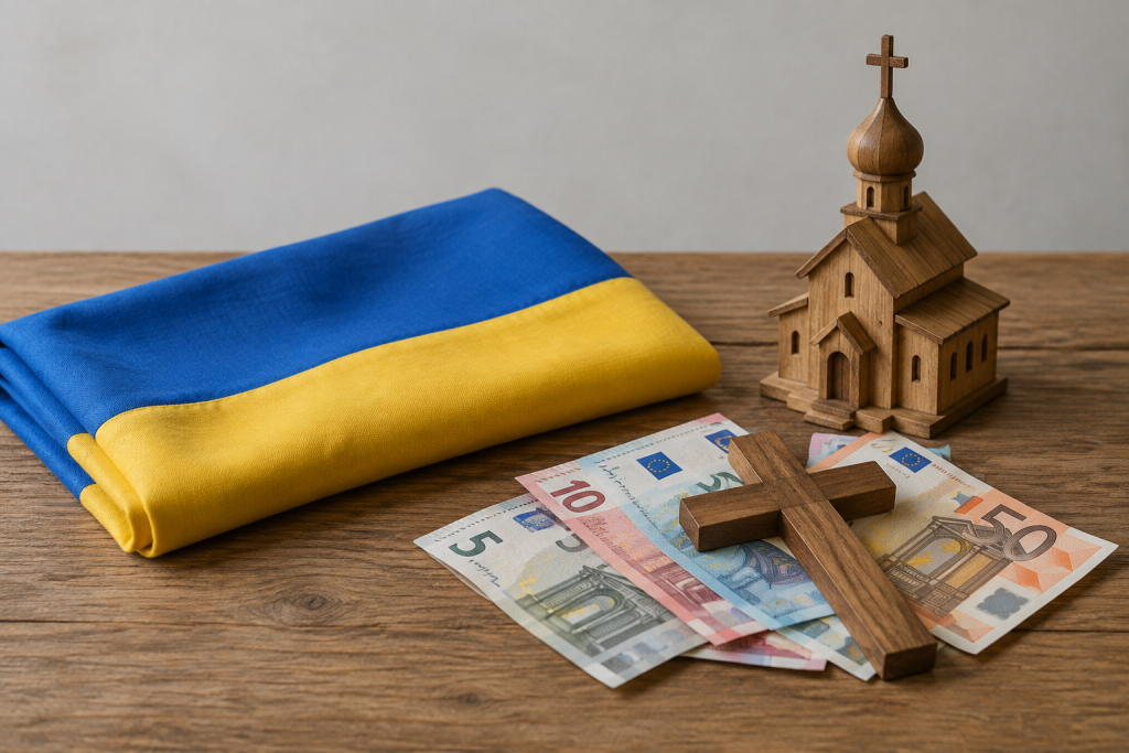 Символічна сцена: складений прапор, модель церкви, євро та хрест на столі