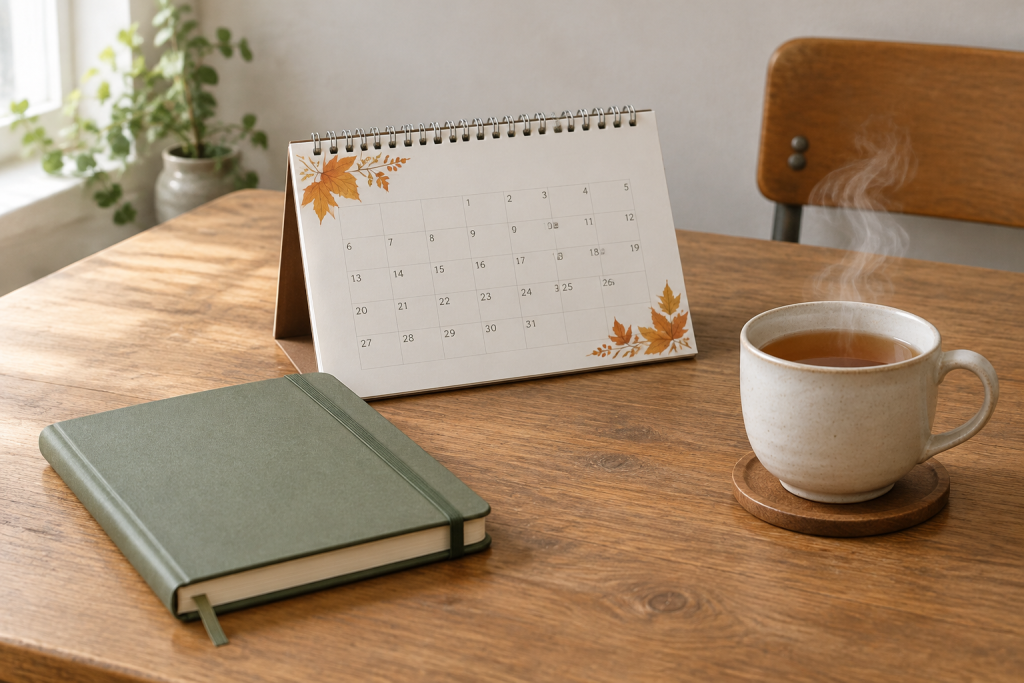 шкільна парта з закритим зошитом та календарем на кінець жовтня, чашка чаю на деревʼяному столі