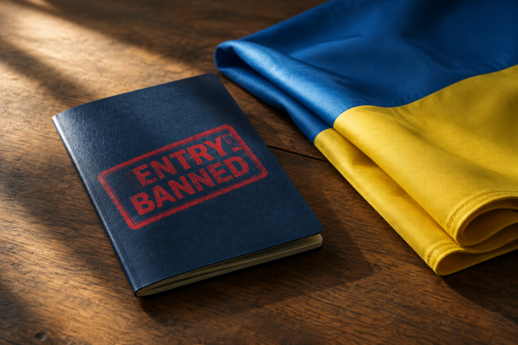 Паспорт із червоним штампом «в’їзд заборонено» та складений український прапор на дерев’яному столі
