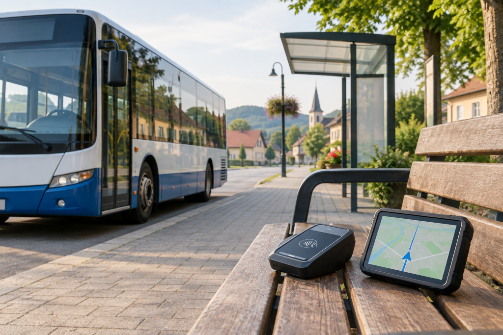 Автобус на зупинці біля таблички громади, поруч термінал оплати та GPS-пристрій українською