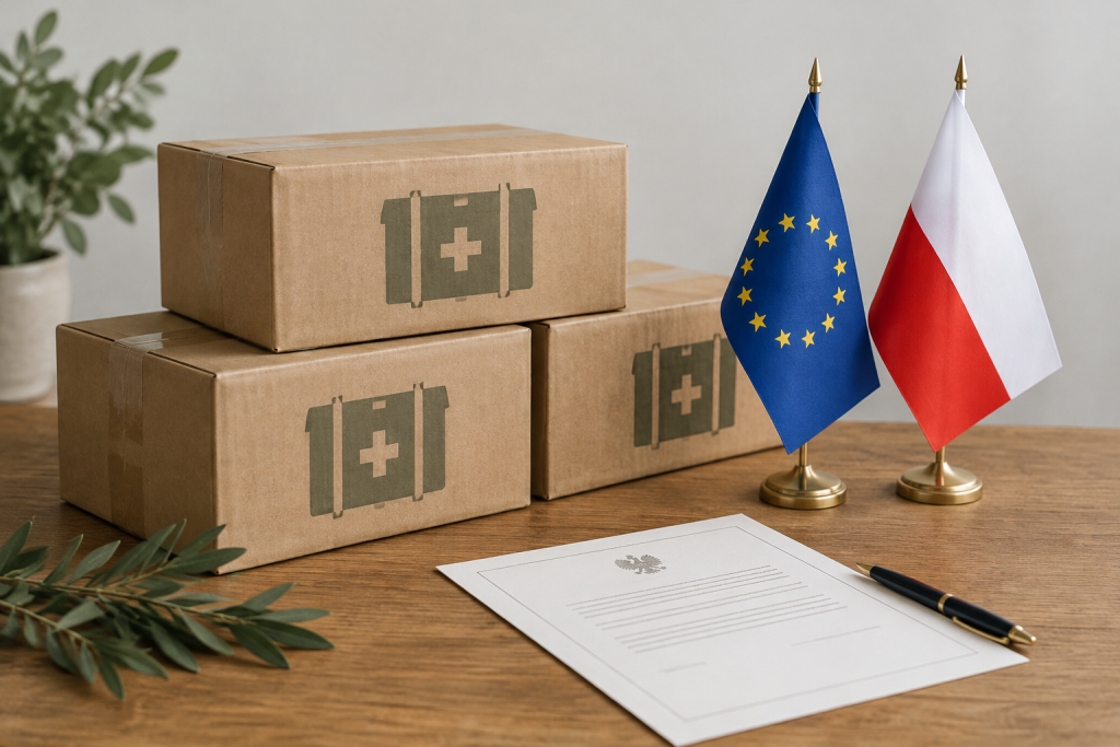 стилізована композиція з коробками військової допомоги і польським прапором