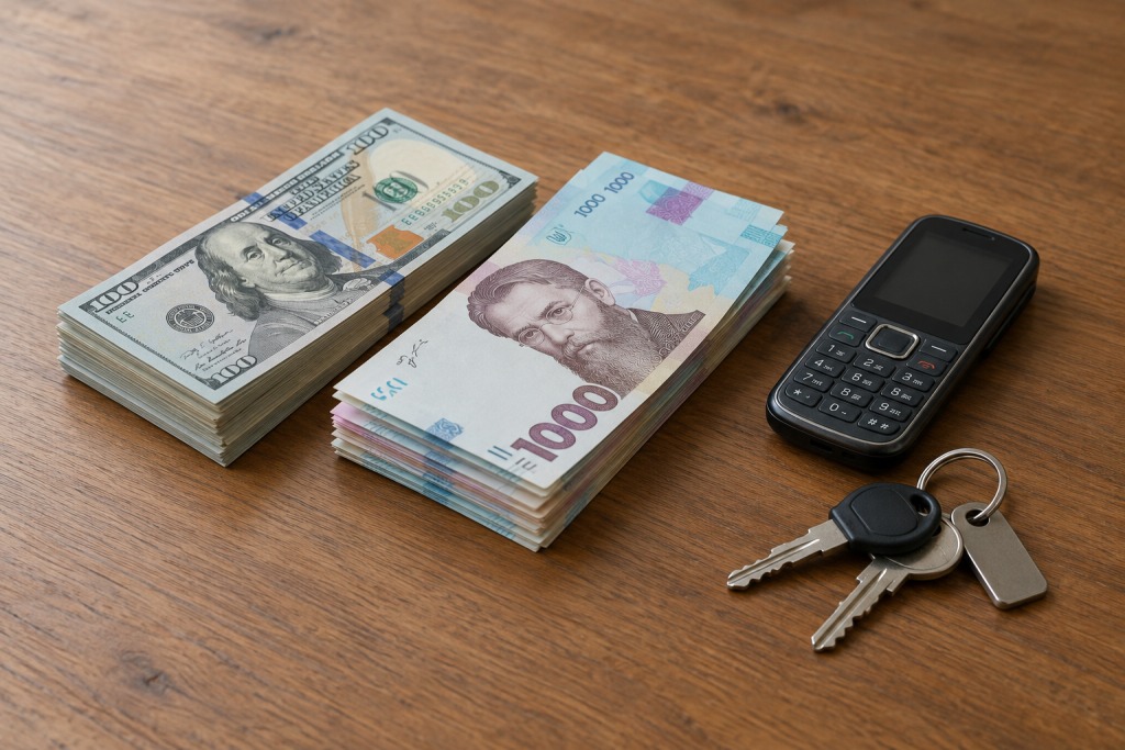 Пачки доларів і гривень на столі поруч із телефоном та ключами, без осіб