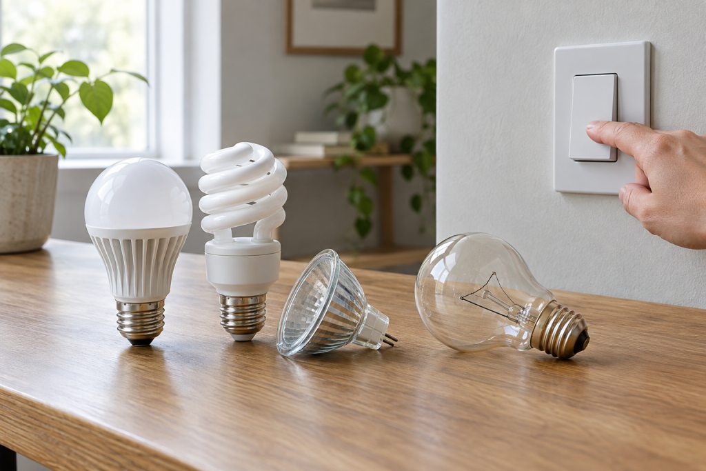 Різні лампочки (LED, CFL, галогенна, розжарювання) на столі поруч із вимикачем, рука вимикає світло