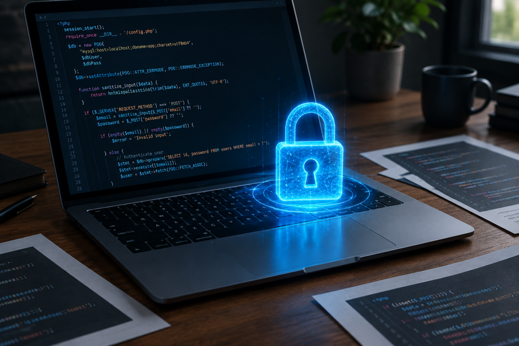 Ноутбук із рядками коду PHP на екрані і голограмною іконкою замка над клавіатурою