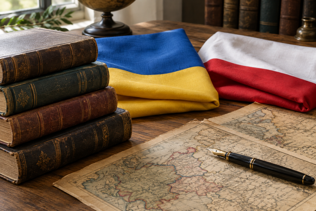 символічна композиція з книг, складених прапорів України й Польщі та старих мап