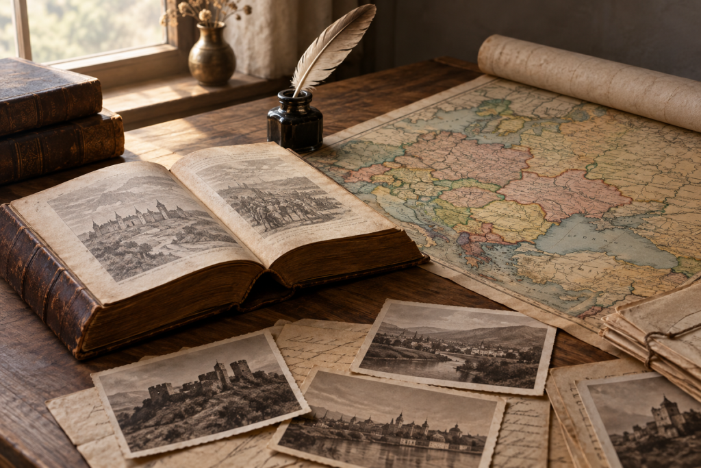 символічна сцена зі старовинною книгою, мапою, пером і фотографіями