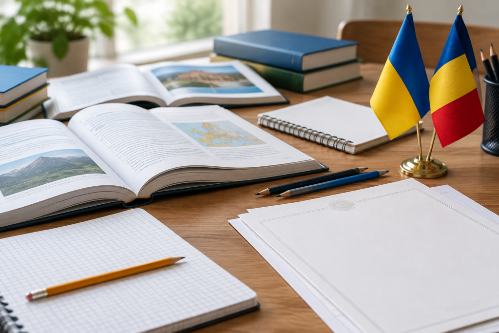 Підручники та порожні документи на шкільному столі з українським і румунським прапорцями