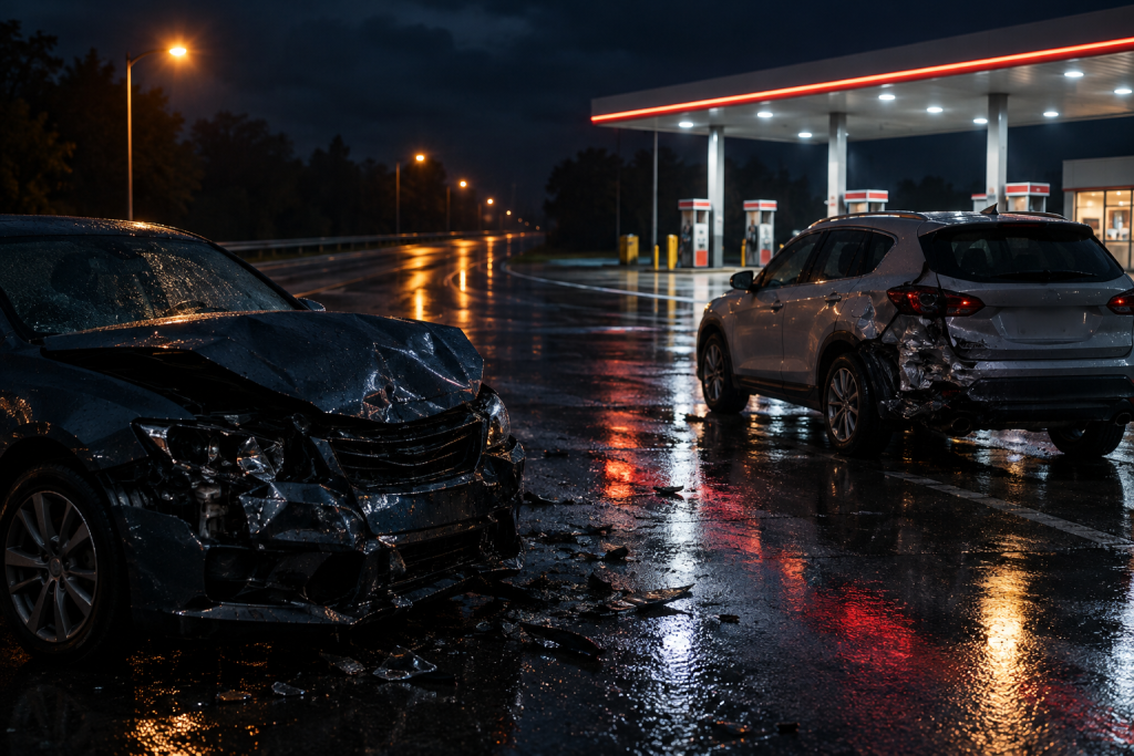 Два пошкоджені автомобілі біля АЗС вночі, мокрий асфальт відбиває світло