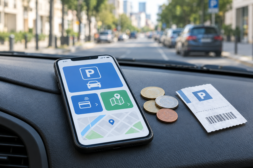 Смартфон на панелі автомобіля з умовним інтерфейсом додатку для паркування, монети поруч, розмите міське тло
