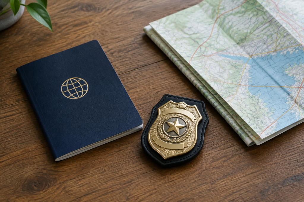 Паспорт, поліцейський знак і карта на столі