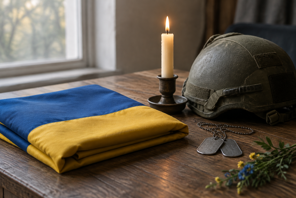 згорнутий український прапор на дерев'яному столі, свічка, шолом і кулон-адресник