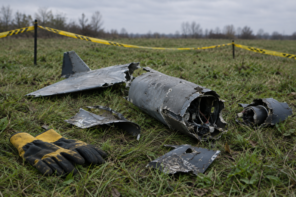 символічна сцена з уламками безпілотника на траві, поруч рукавички й попереджувальна стрічка