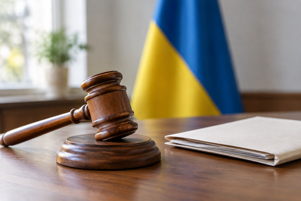 Порожній молоток та складені документи на столі з розмитим українським прапором на задньому плані