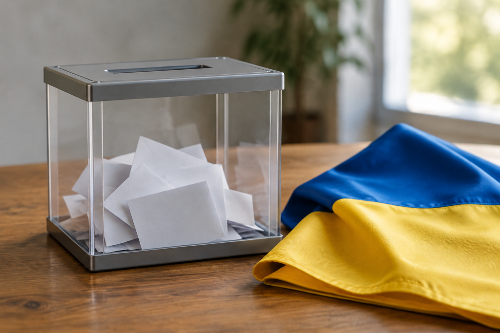 Бюлетень, складений український прапор і столик, без людей