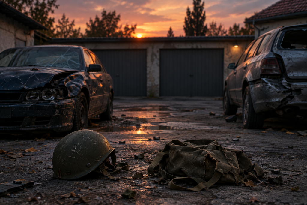 символічна сцена подвірʼя з пошкодженими автомобілями і покинутими військовими предметами
