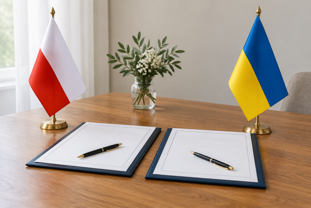 символічна сцена з документами про партнерство міст і польським та українським прапорами