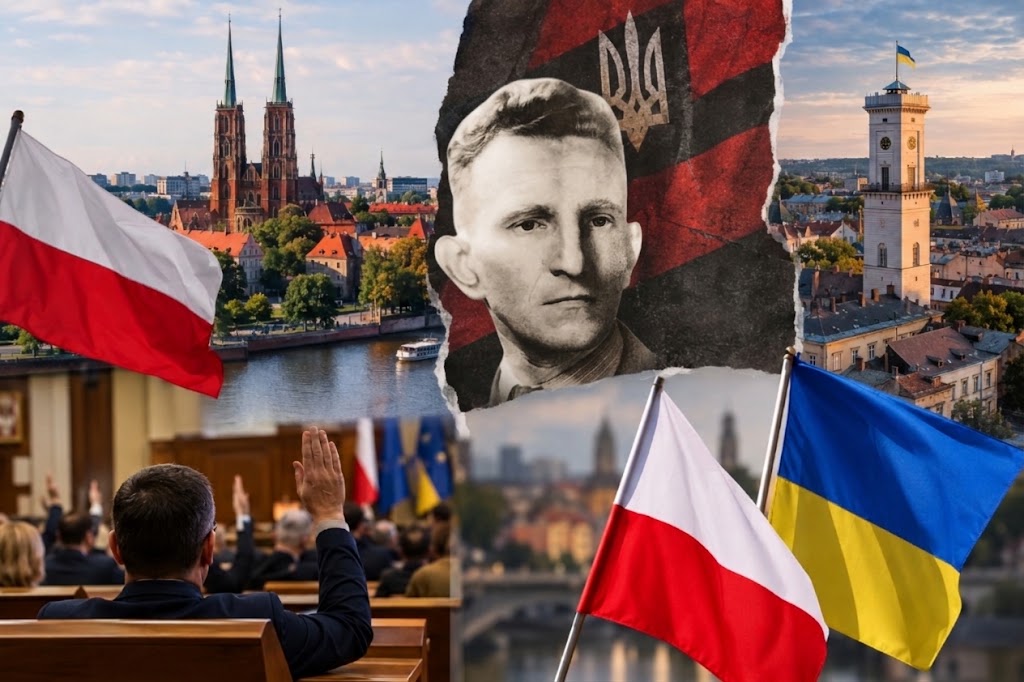 крупний план польського та українського прапорців на столі з розмитими документами мерії