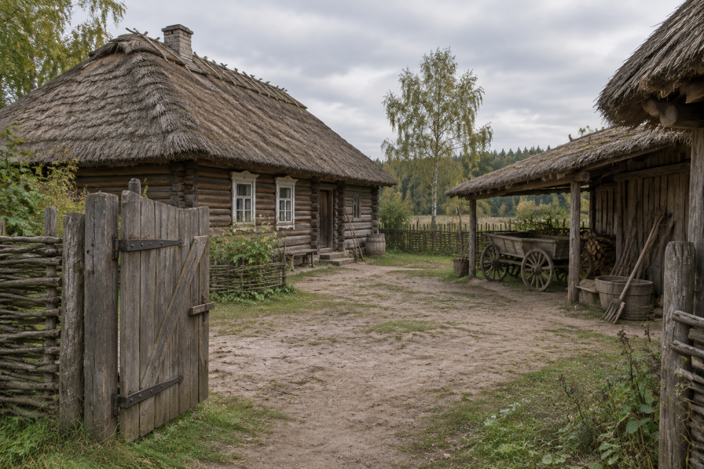 Дерев'яний поліський двір із солом'яними стріхами та господарським реманентом