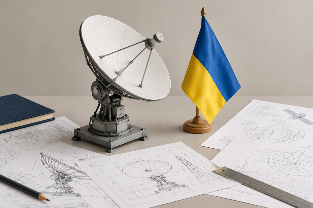 модель супутникової антени і прапорець України на нейтральному тлі
