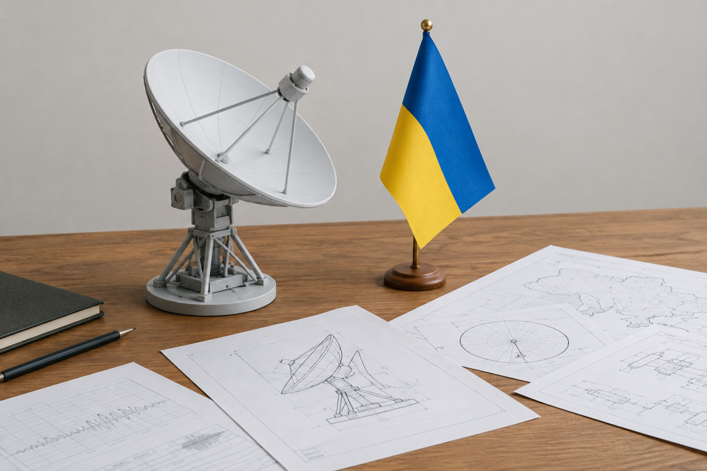 модель супутникової антени і маленький прапорець України на деревʼяному столі