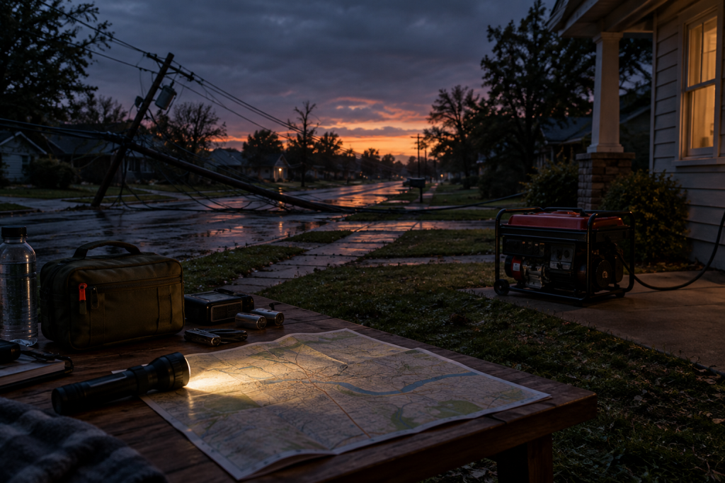 символічна сцена: темна вулиця з обірваними дротами, ліхтарик і аварійний набір на столі