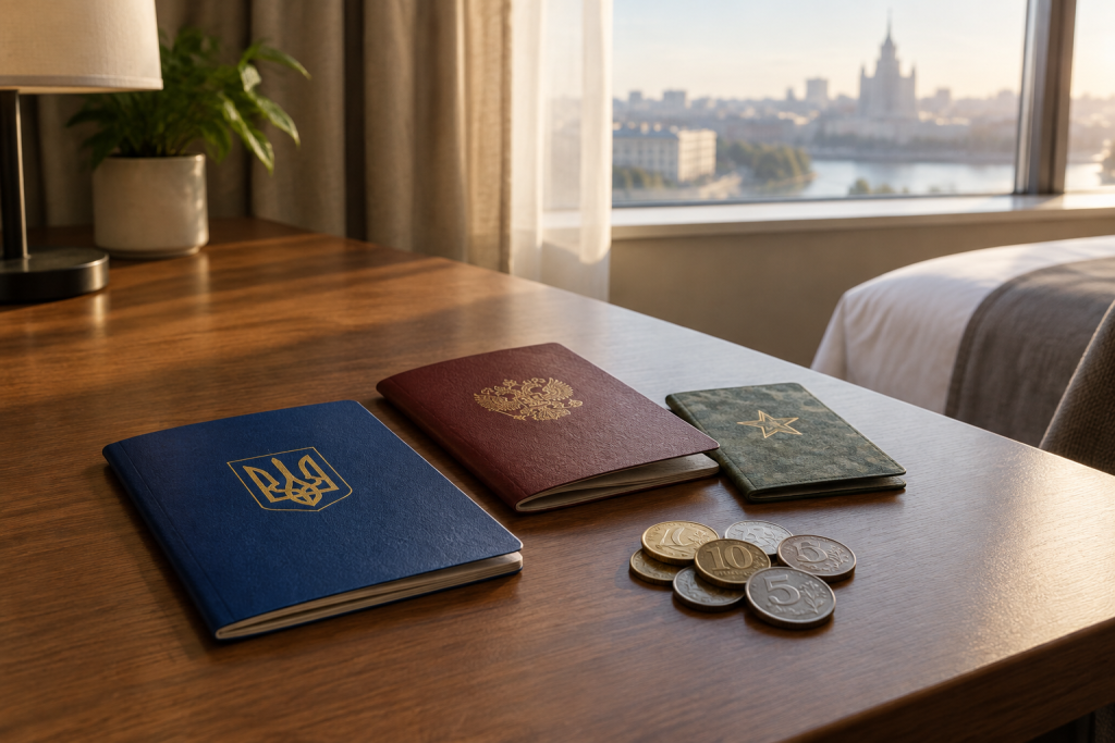 стилізований стіл у готельному номері з українським паспортом, російським паспортом та військовим квитком
