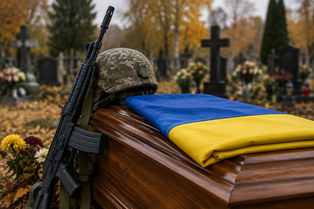 Згорнутий Державний Прапор на домовині, каска та рушниця біля неї на тлі осіннього кладовища