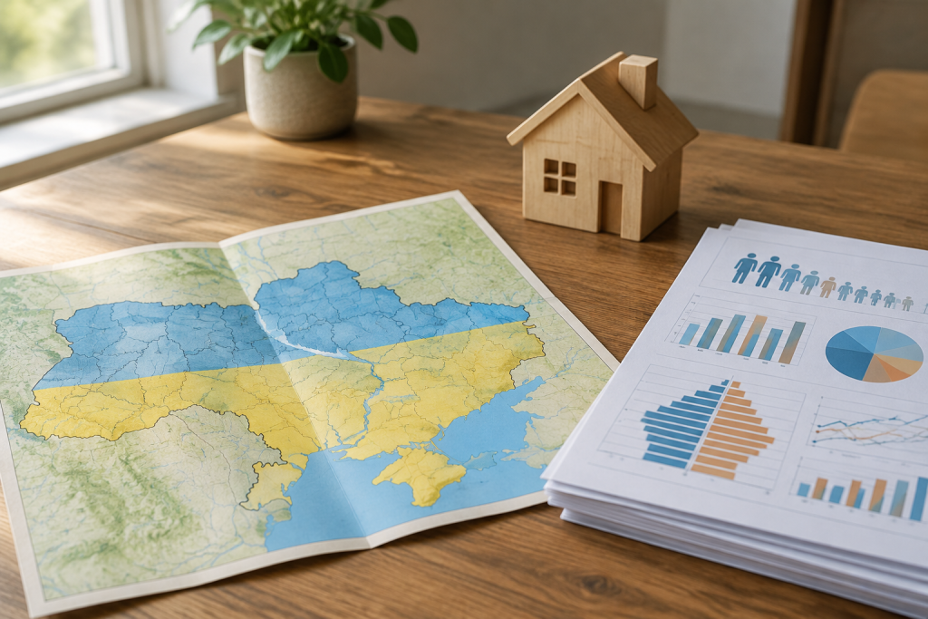 символічна сцена: карта України, модель будинку і демографічні графіки