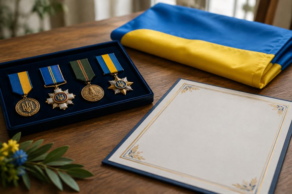 символічна композиція з нагород, складений український прапор і порожній почесний сертифікат на деревʼяному столі