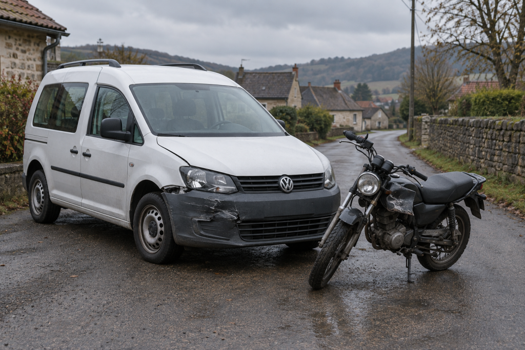 символічна сцена: білий Volkswagen Caddy і невеликий мотоцикл на сільській дорозі, без людей