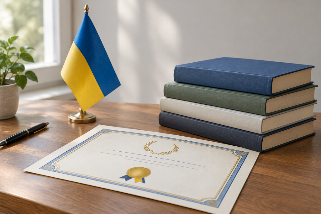сертифікат стипендії на деревʼяному столі поруч зі стопкою підручників і невеликим прапором України
