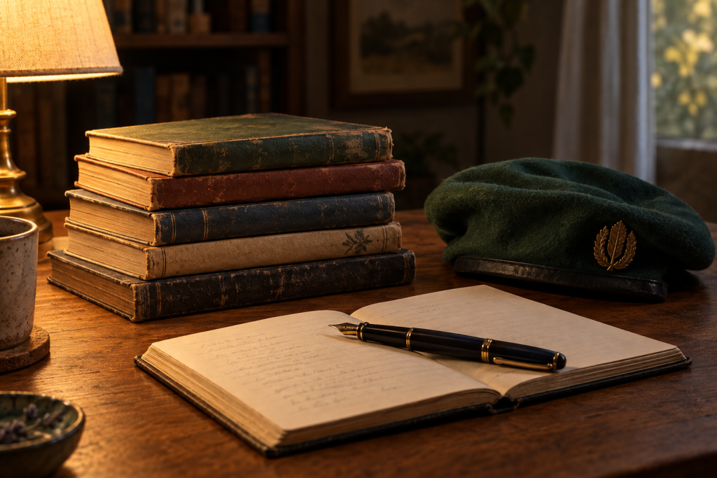 купа поетичних книжок, ручка на відкритому зошиті та складений військовий берет на деревʼяному столі, тепле мʼяке світло