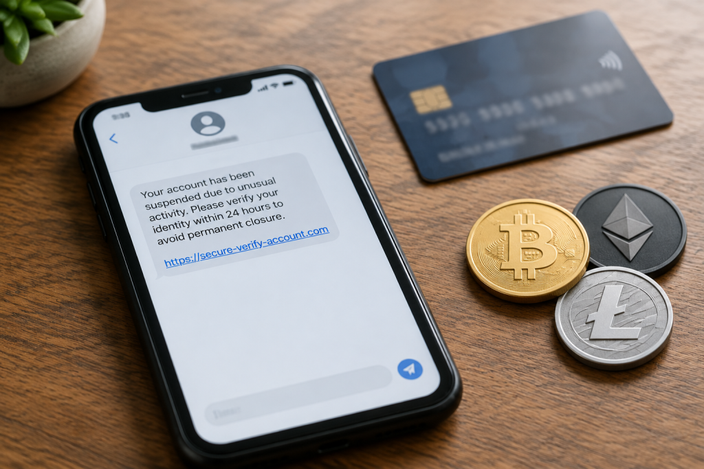 смартфон із фішинговим повідомленням на столі, поруч розмита банківська картка і іконки криптовалюти