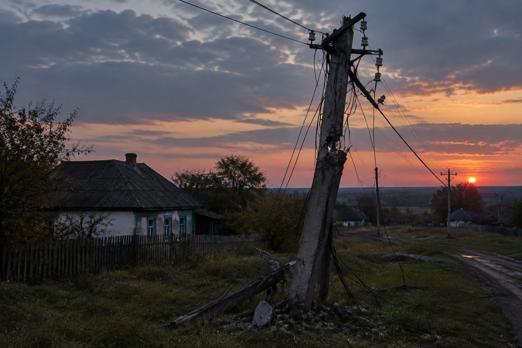 сільська місцевість із лініями електропередач і пошкодженим опорним стовпом
