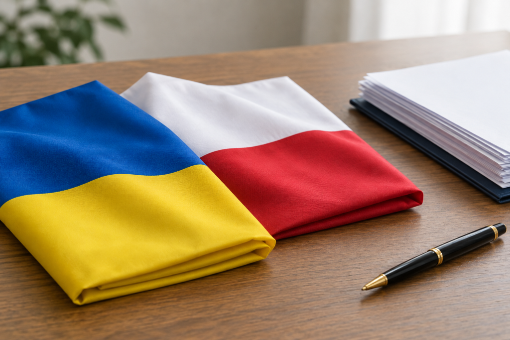 символічна сцена зі складеними прапорами України та Польщі поряд із документами й ручкою